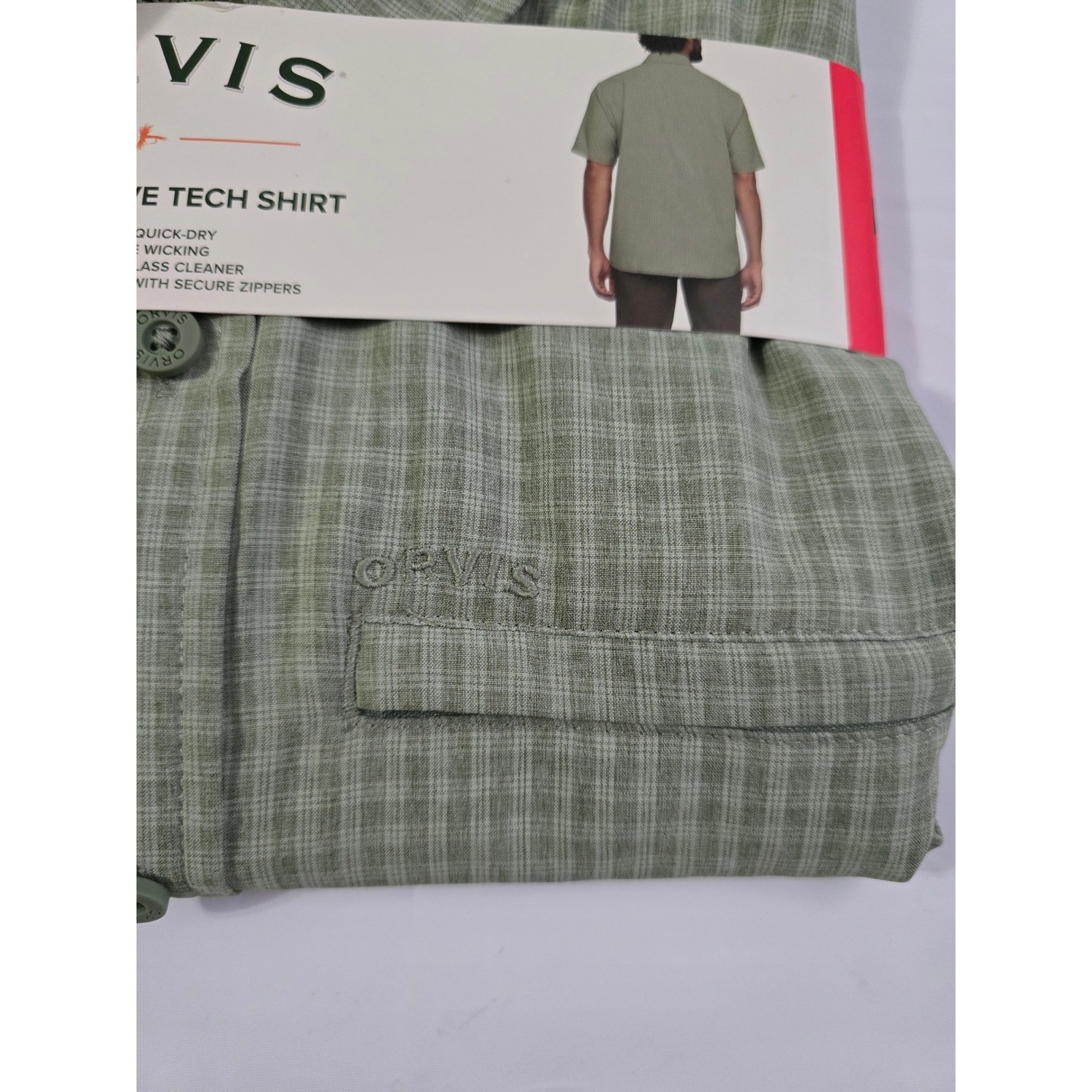 Orvis Mens Short Sleeve Tech Shirt Green Plaid UPF 30+ Quick Dry Medium NWT