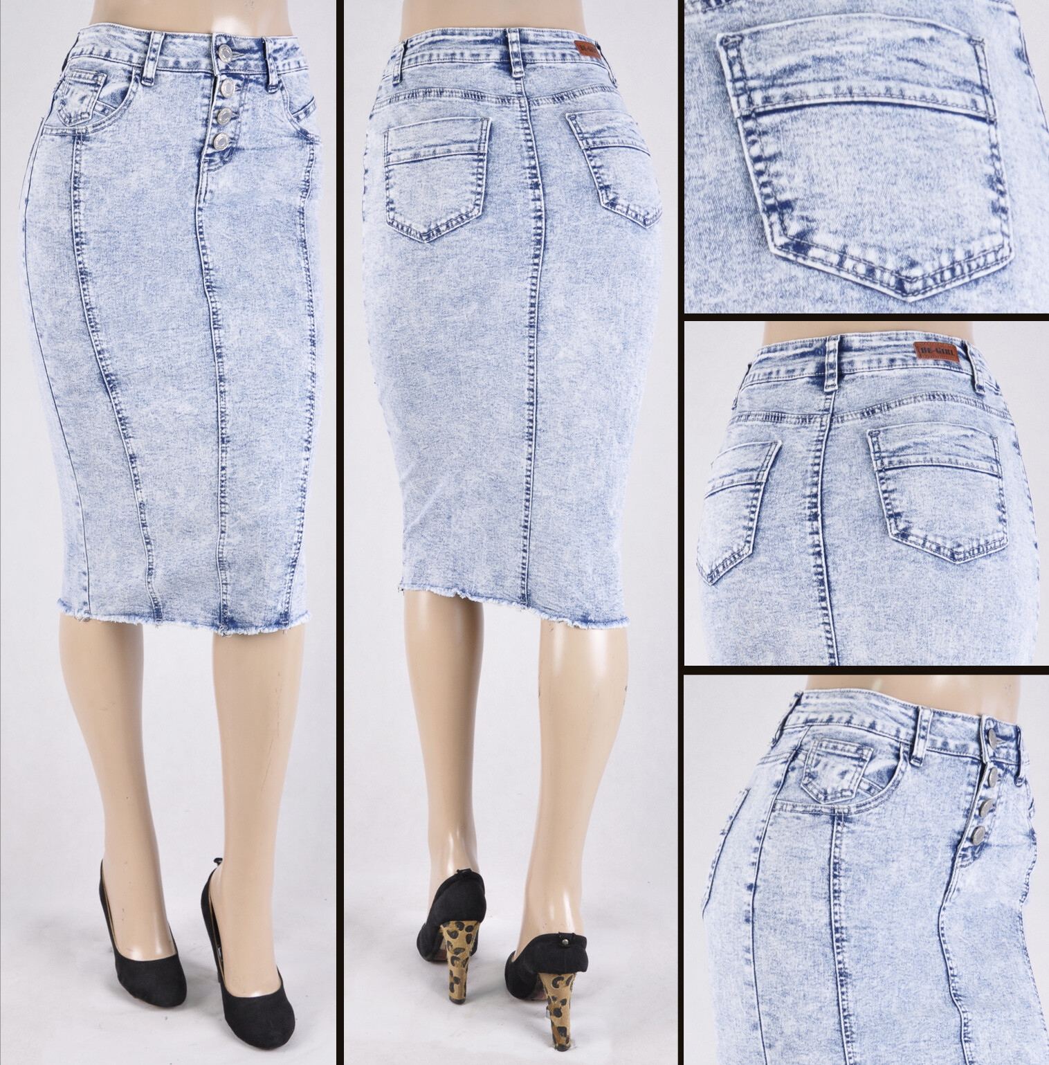 New Women 27″midi Skirt Stretch Denim PENCIL buttons snow wash #WG-77873 snow