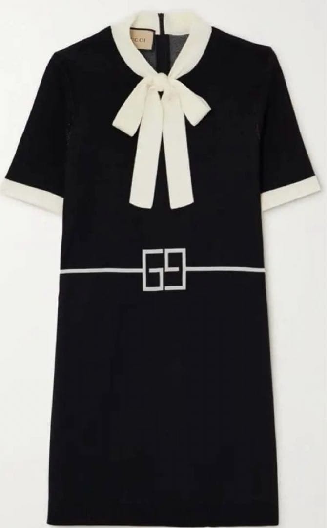 Gucci Knit Dress XS 82cm Length Black GG Logo Bow Tie Wool