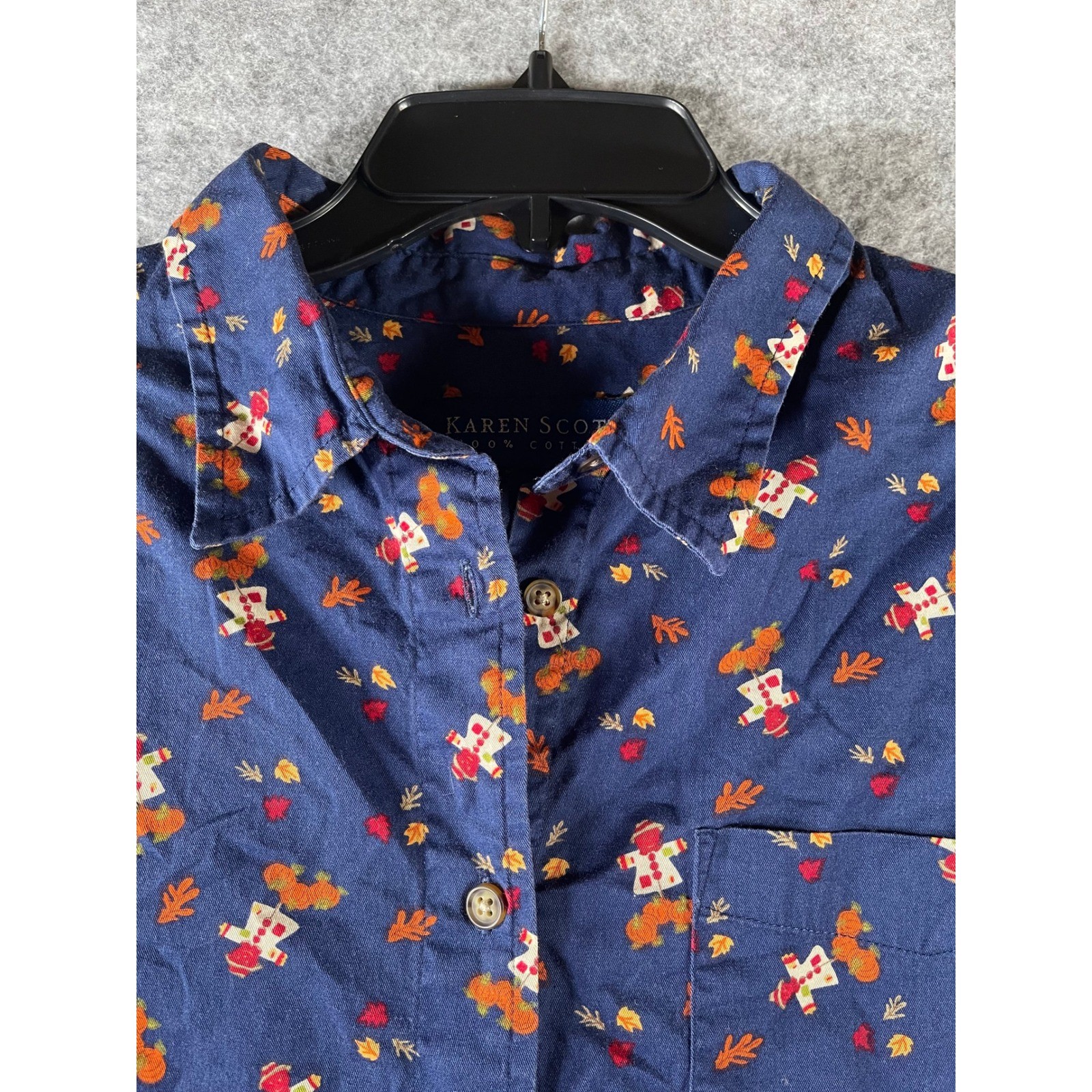 Karen Scott Womens Navy Blue Fall Scarecrow Pumpkin Cotton Button Down Shirt L