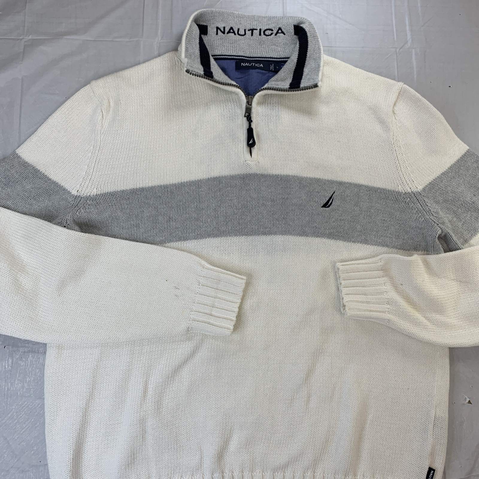 Nautica Quarter Zip Pullover L Colorblock Navy Yellow White Retro Fall Prep