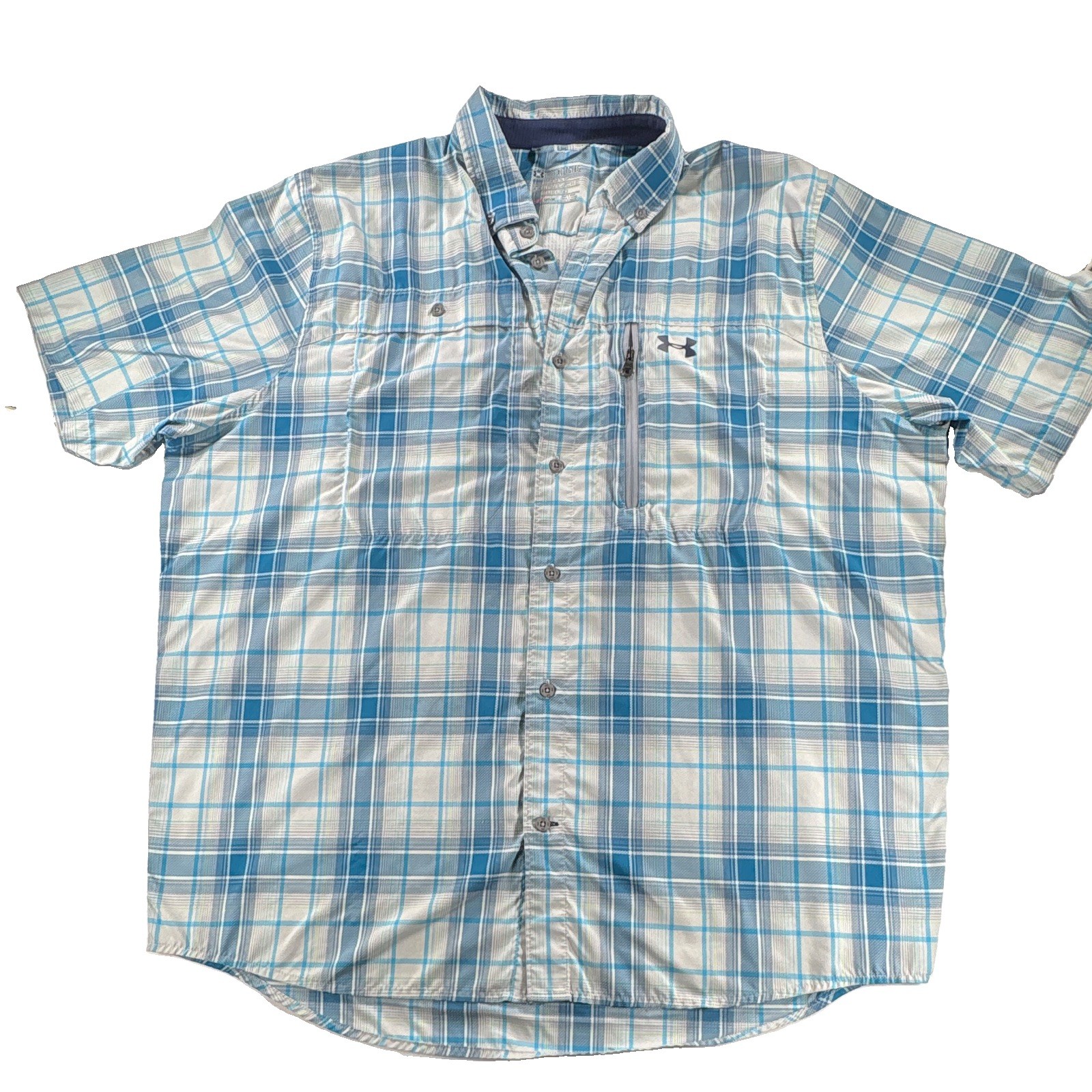 Under Armour HeatGear Mens XL Blue/White Plaid SS Button Up Loose Pockets 50
