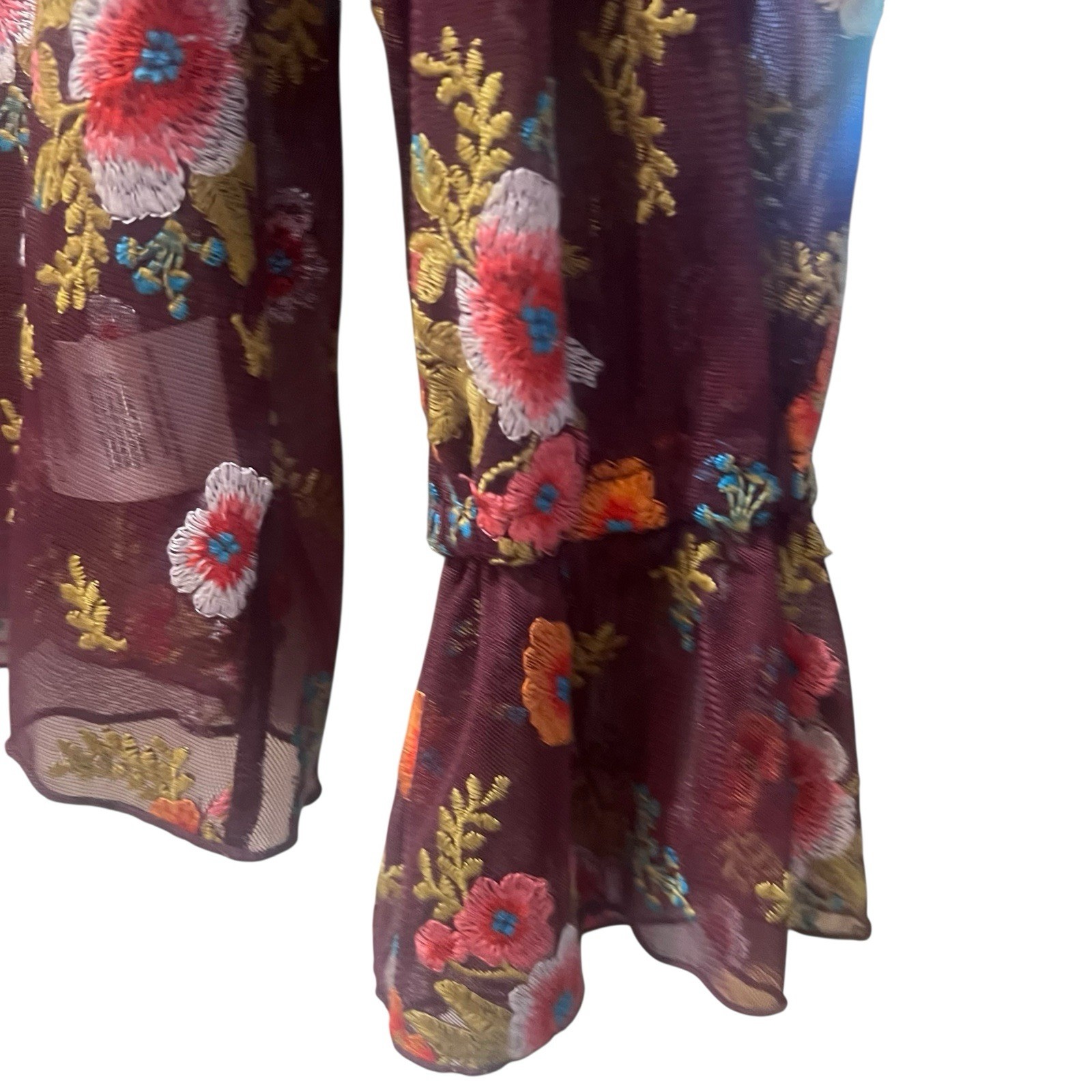 Anthropologie Feather And Bone Burgundy Mesh Floral Embroidered Blouse Size XS