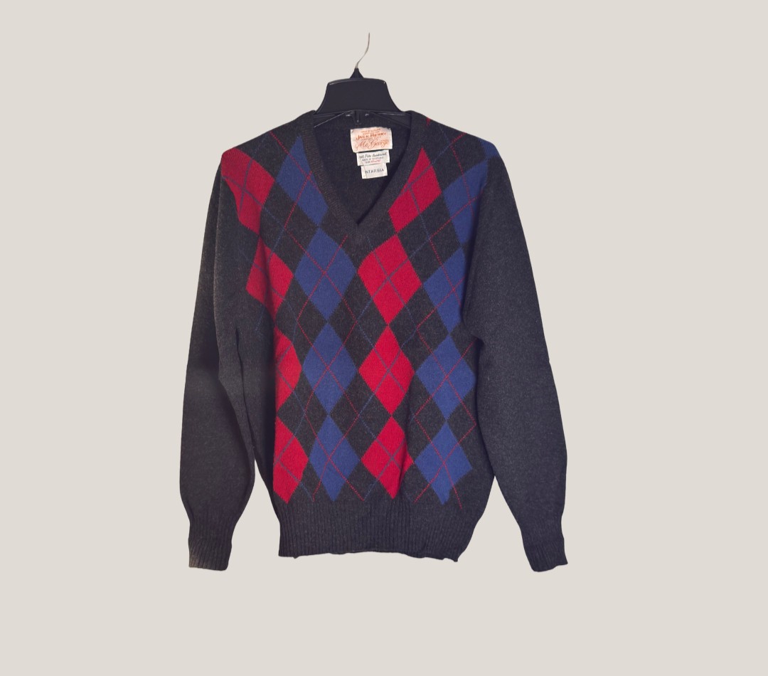 Vintage Jack Henry KC Men’s 100% Lambswool Argyle V-Neck Sweater,Large