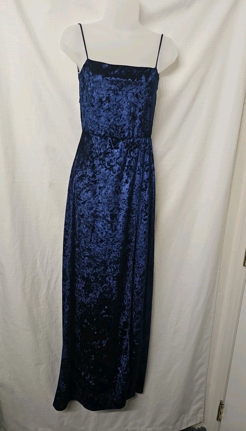 Womens Sz Lg Blue Crushed Velevet Maxi Dress High Slit Spaghetti Strap Stretch