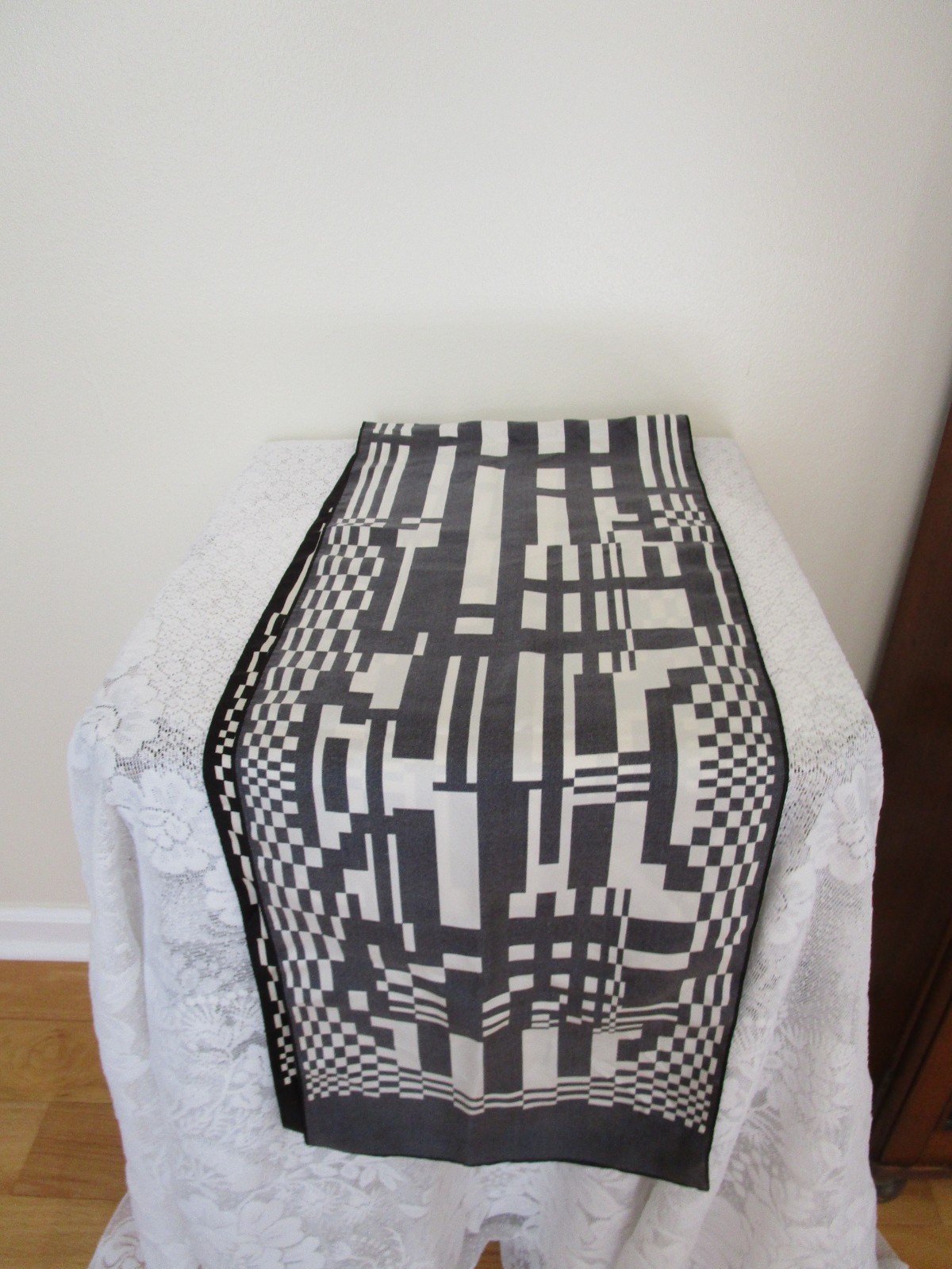 Halston Silk Scarf Black White Rectangle Signed 56” long 10.25” Wide XLNT