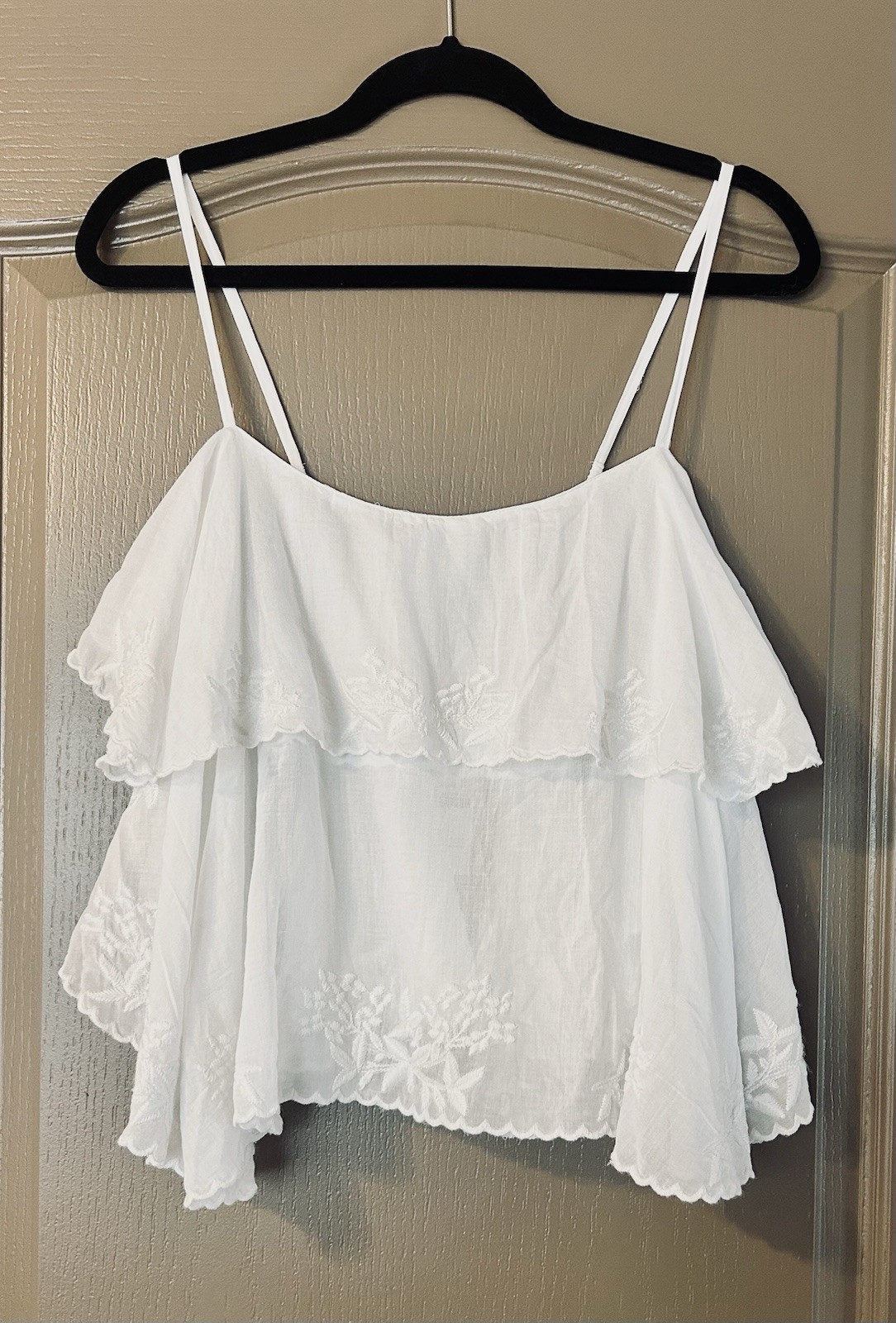 J.Crew XL White Embroidered Tiered Cami Tank Top Cotton Boho Adjustable Straps