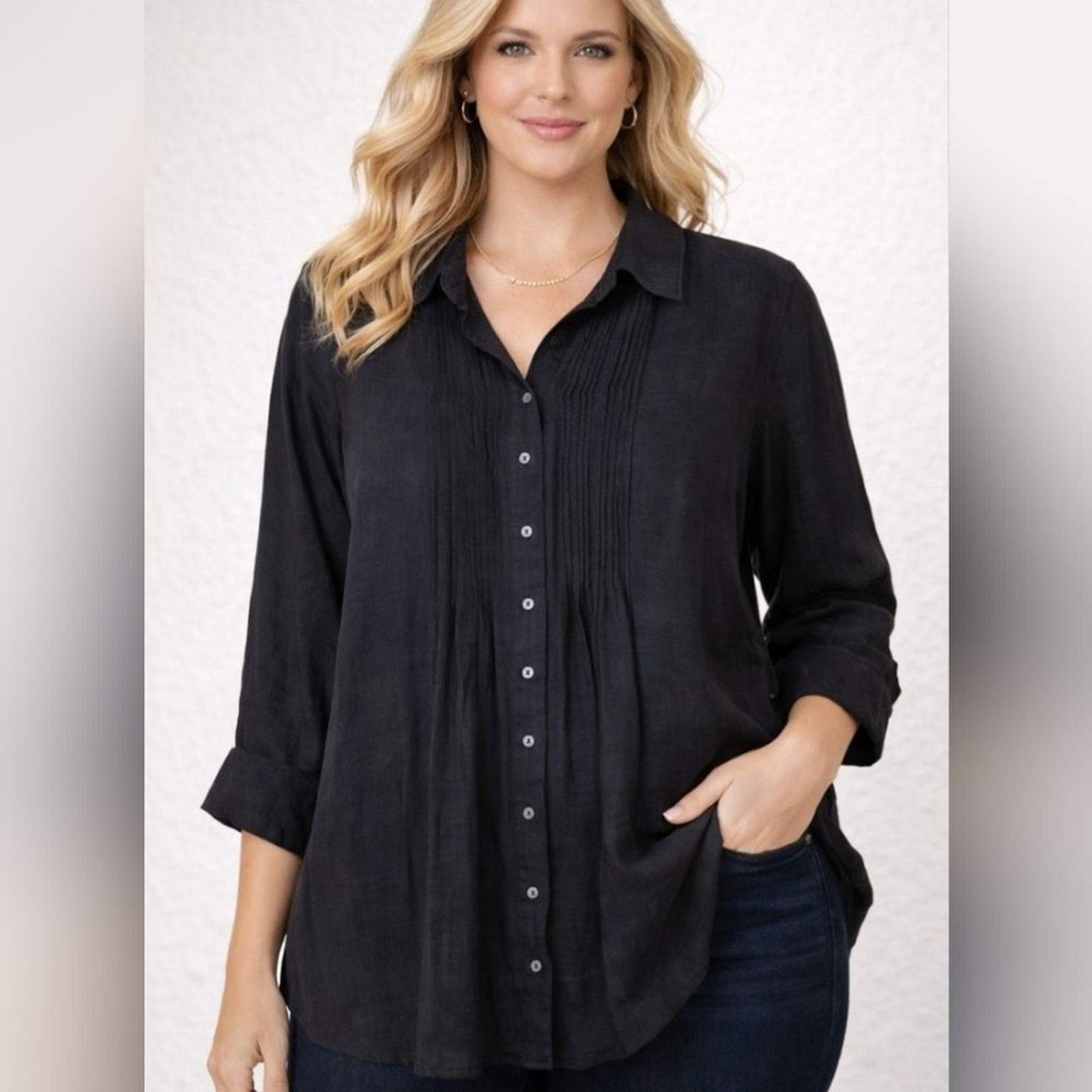 ALFANI Black Size 2X Pintuck Pleated Button-Down Shirt Lightweight Linen Texture