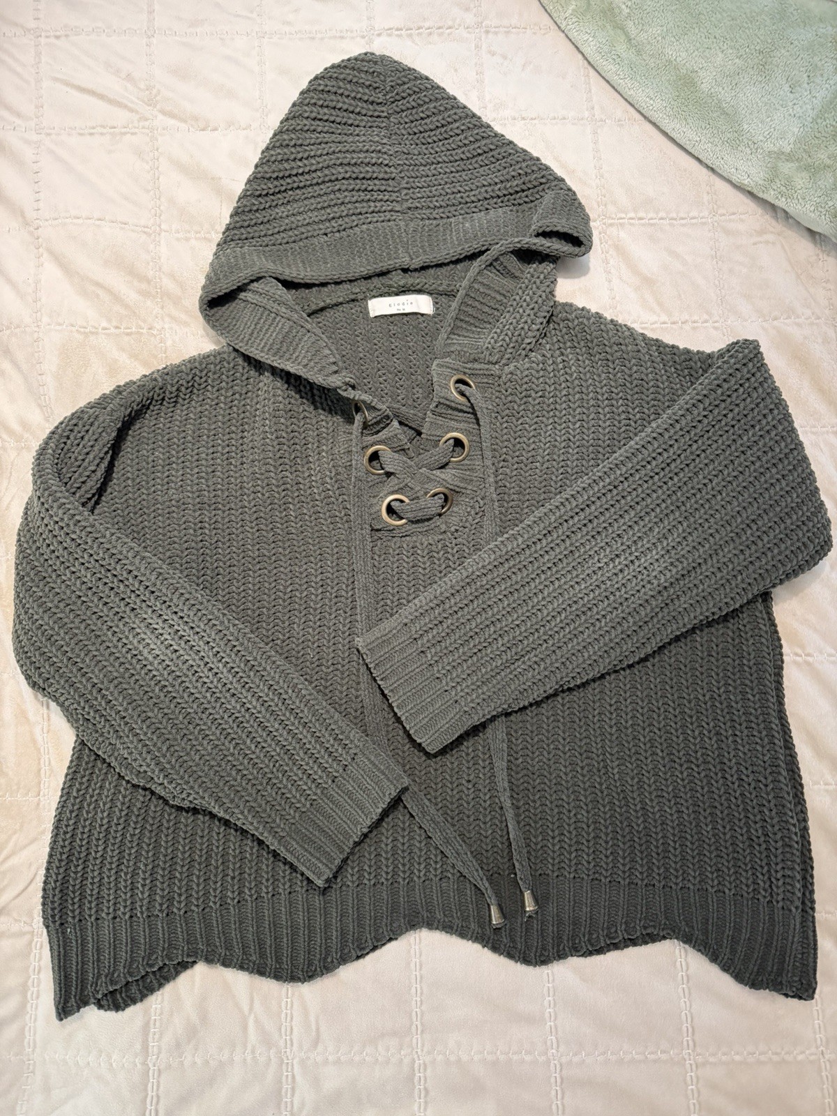 Women’s Green Solid Chunky-Knit Acrylic Hooded Lace-Up Pullover Sweater M