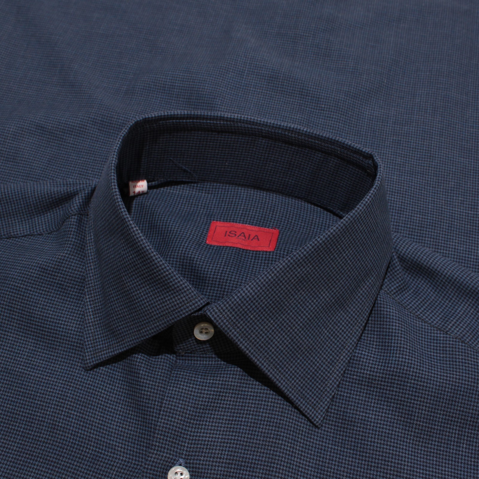 Isaia NWT Dress Shirt Size 37 14.5 in Blue Mini Houndstooth 100% Cotton
