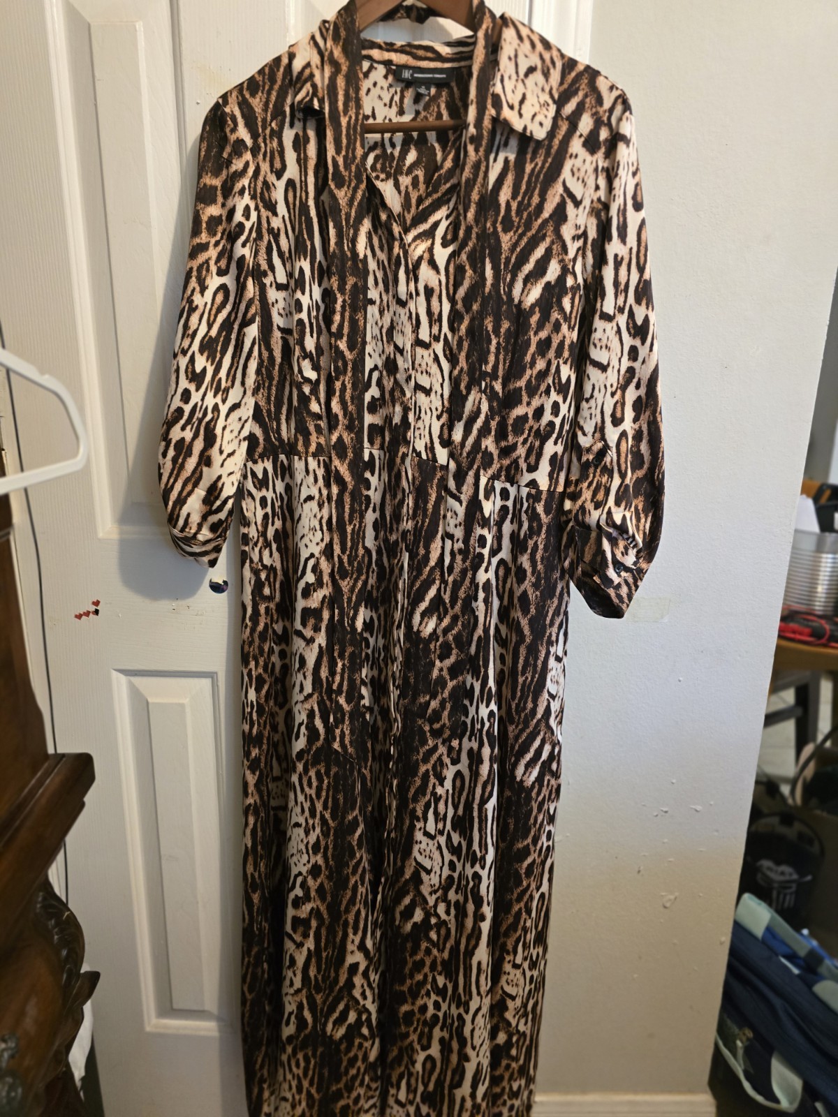 INC International Concepts Leopard Print Maxi Shirt Dress V-Neck Belted 12