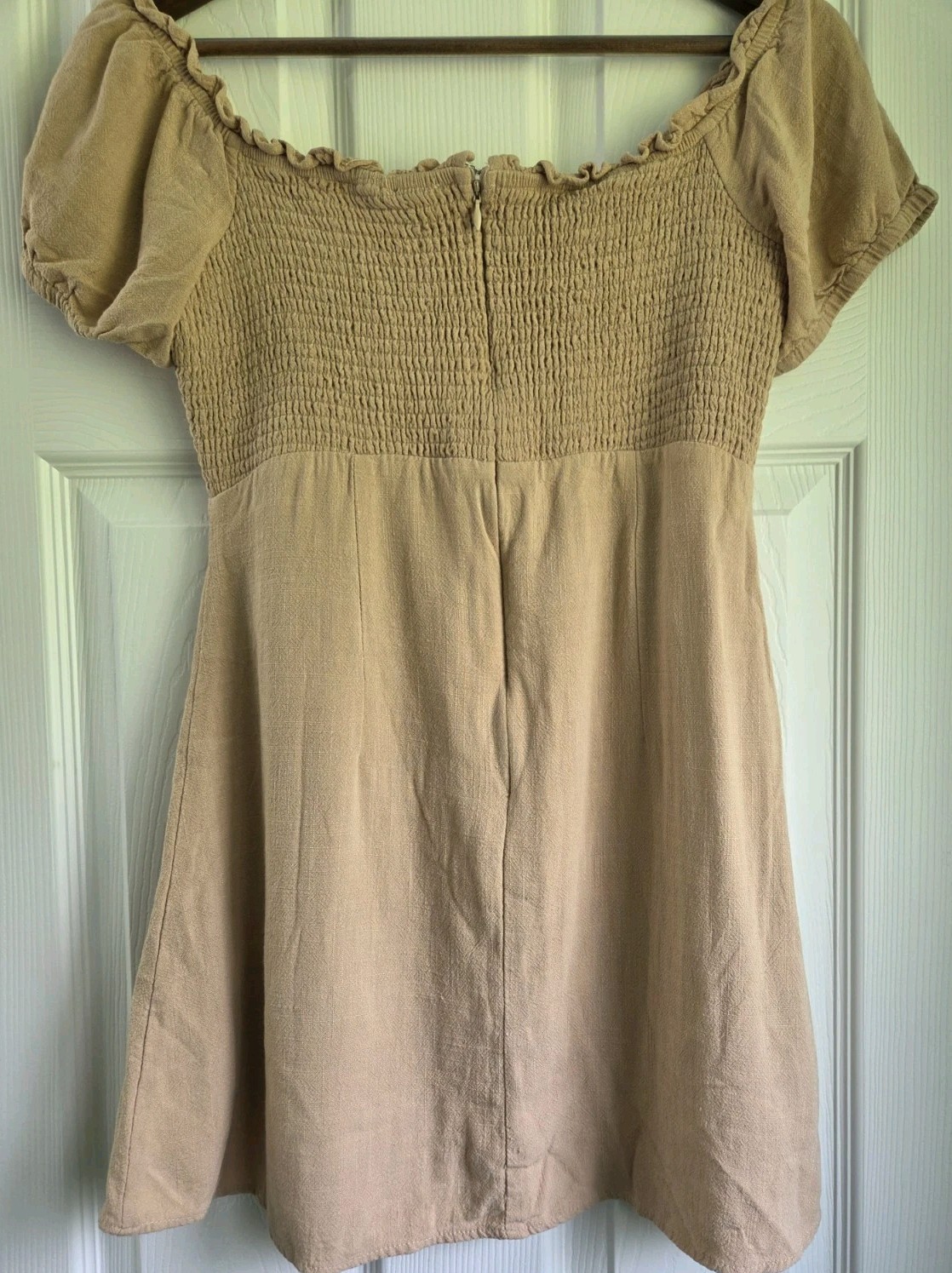 Altar’d State Smocked Milkmaid Mini Dress Tan Beige Puff Sleeve Babydoll Size M