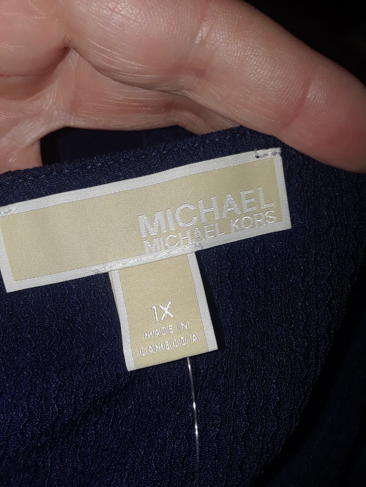 NWT Women’s Michael Kors Blue Faux Wrap with Gold Logo Emblem Blouse Top 1X $110