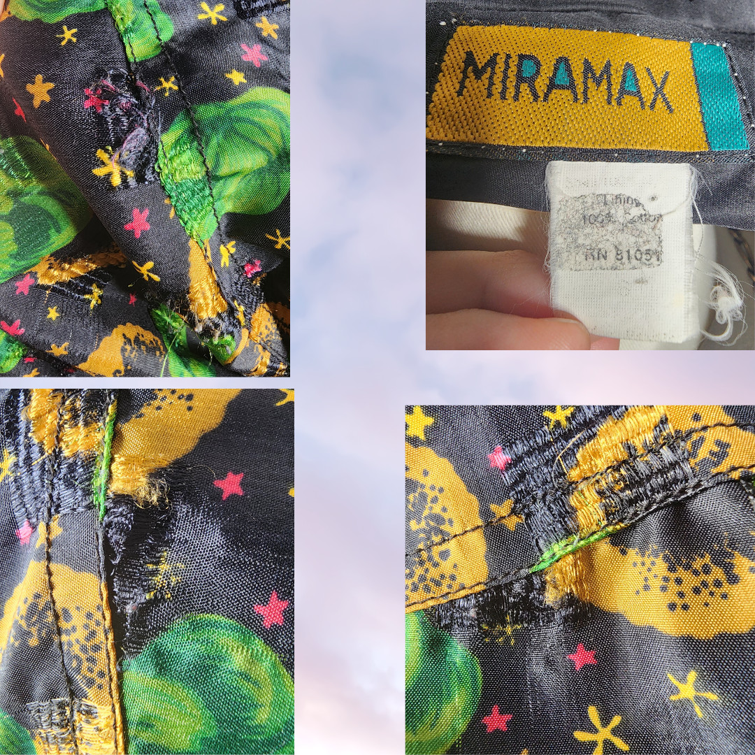 Vtg 80s Miramax Colorful Zip Up Windbreaker Floral Black Green Yellow Stars L