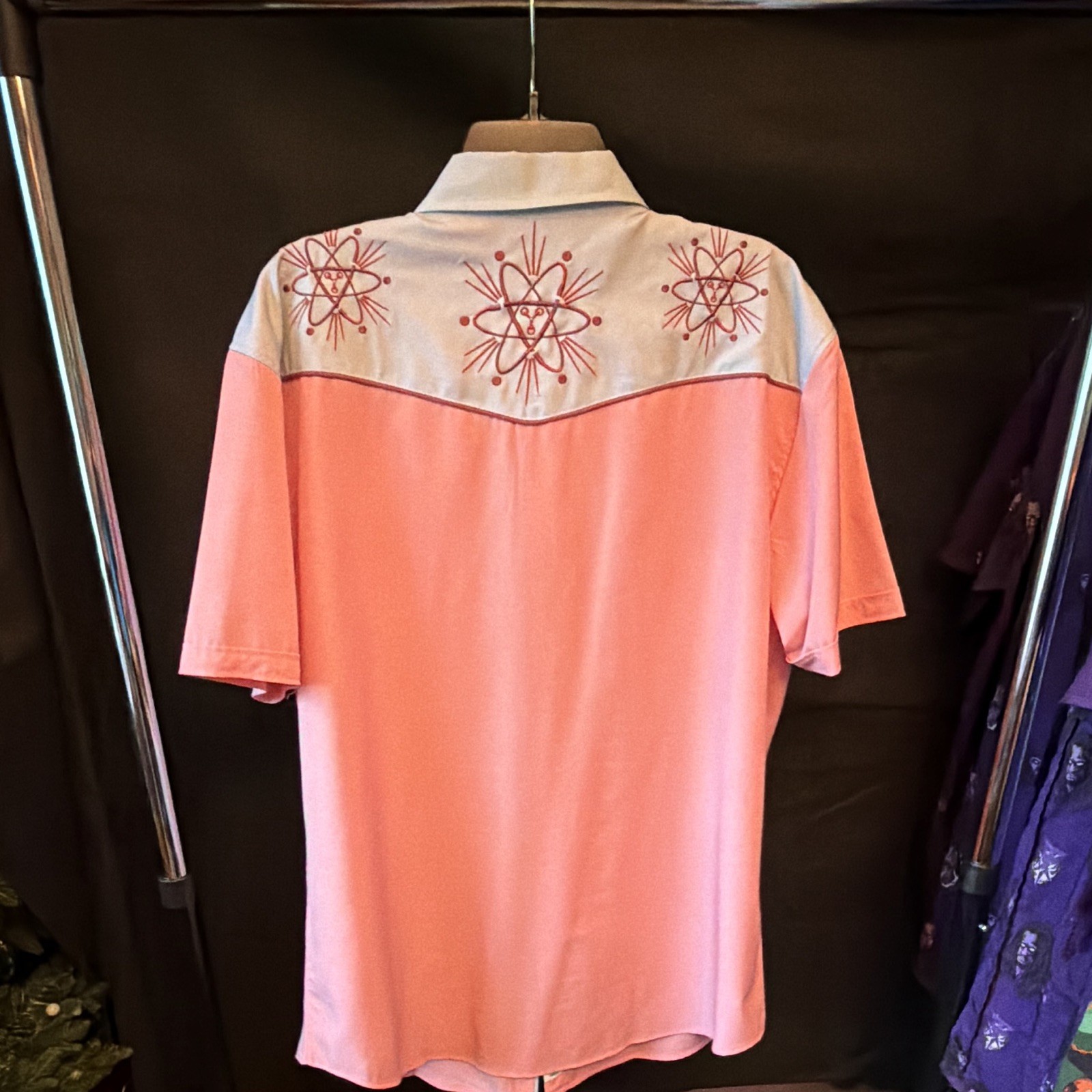 Back to the Future Men’s XL Pink/White Colorblock Snap Shirt Embroidered Pockets
