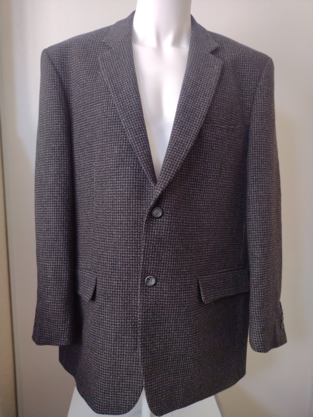 46R Men’s Wool Cashmere Blend Gray Black Check Tweed Single Vent Blazer Jacket