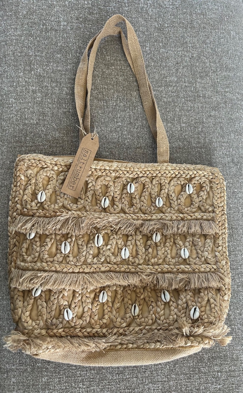 NWT SALT + UMBER Isla Jute Seashell Tote Bag Shells Natural Fringe Beach Tote
