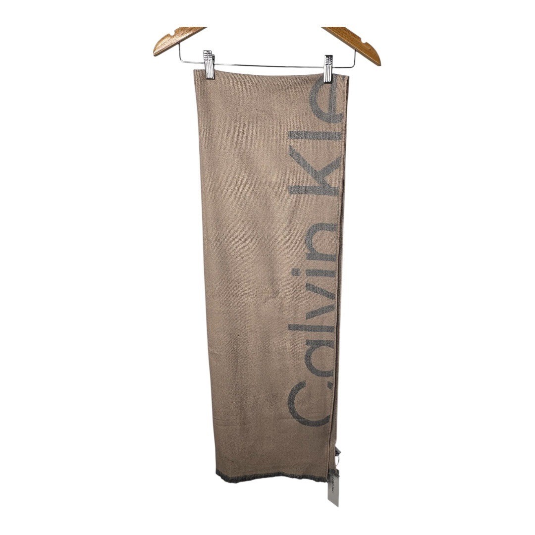 Calvin Klein Taupe Logo Oblong Blanket Scarf Acrylic Blend Women 76×24 NWT