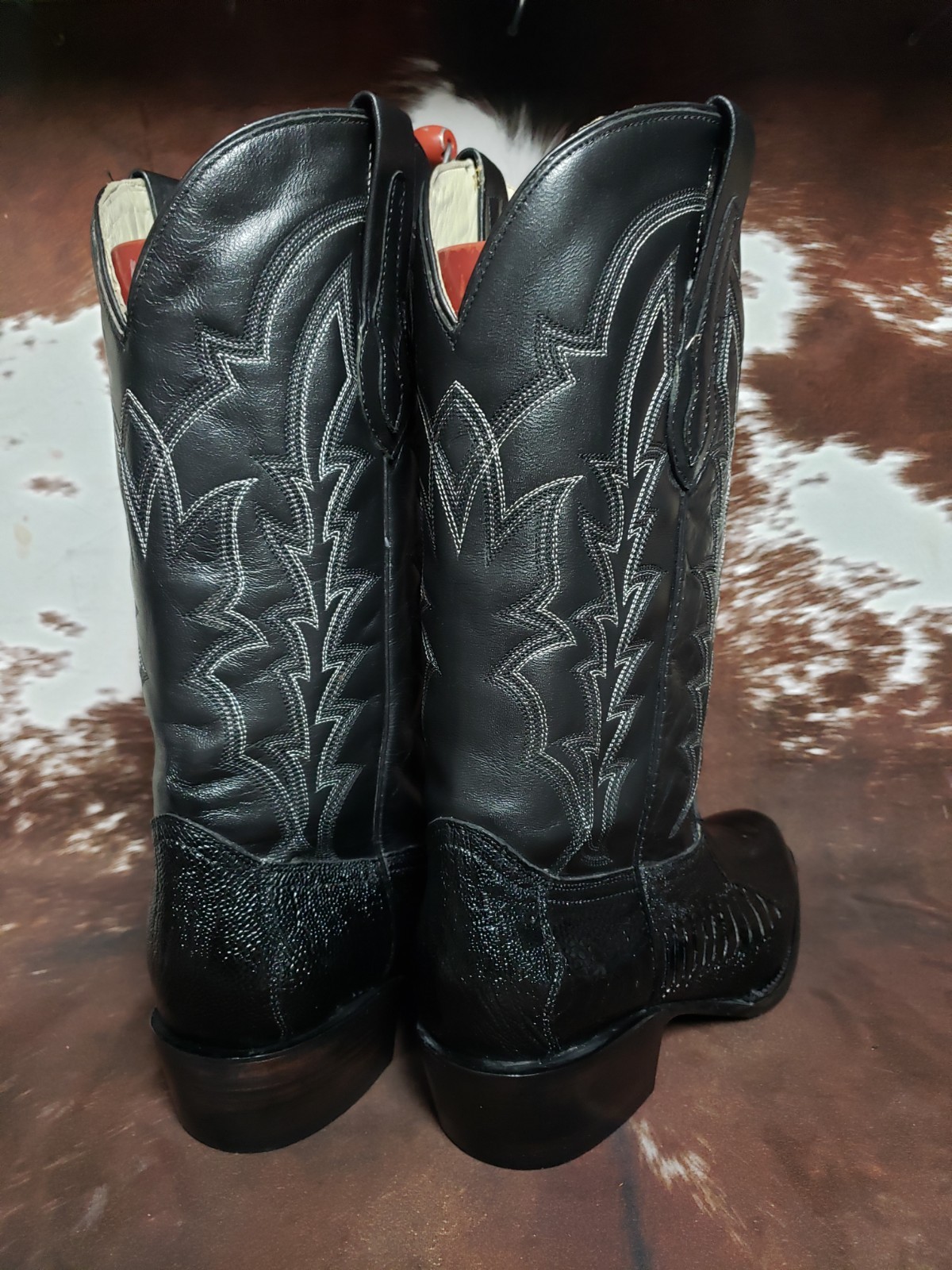 J Chisholm Vintage Genuine Ostrich Leg Black Western Cowboy Boots Mens 12 EE