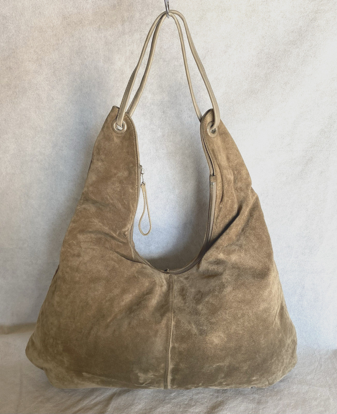 HALSTON HERITAGE Lg Grey Italian Suede Slouchy Hobo Tote Shoulder Bag Purse $495