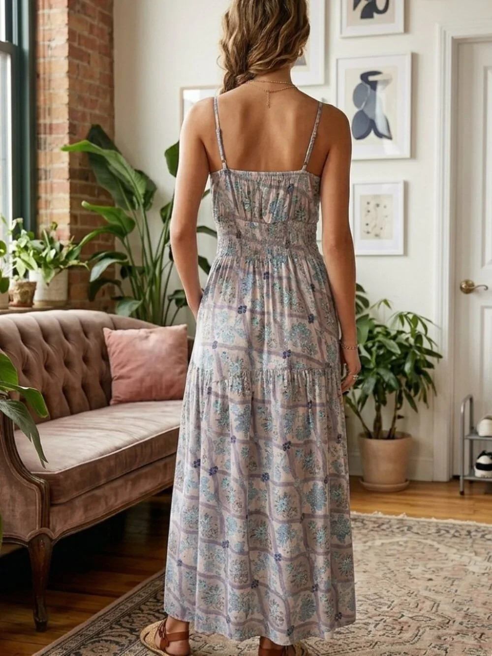 Monteau Los Angeles Linen Blend Maxi Dress Small NWT Blue Floral Smocked Pockets