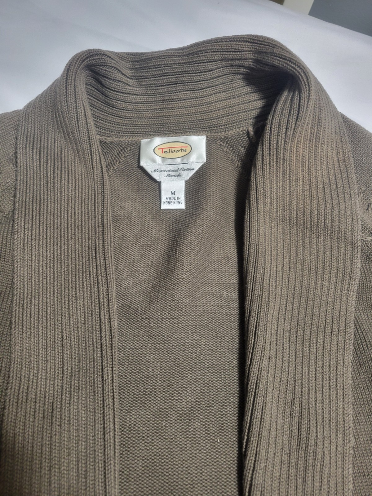 Talbots Womens Medium Open Front Short Sleeve Cardigan Olive Lightweight Layer