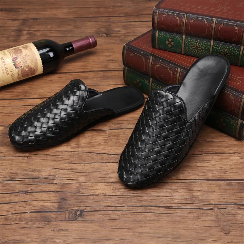 Men’s Leather Woven Slippers Flats Closed Toe Mules Handmade Casual Club Sandals