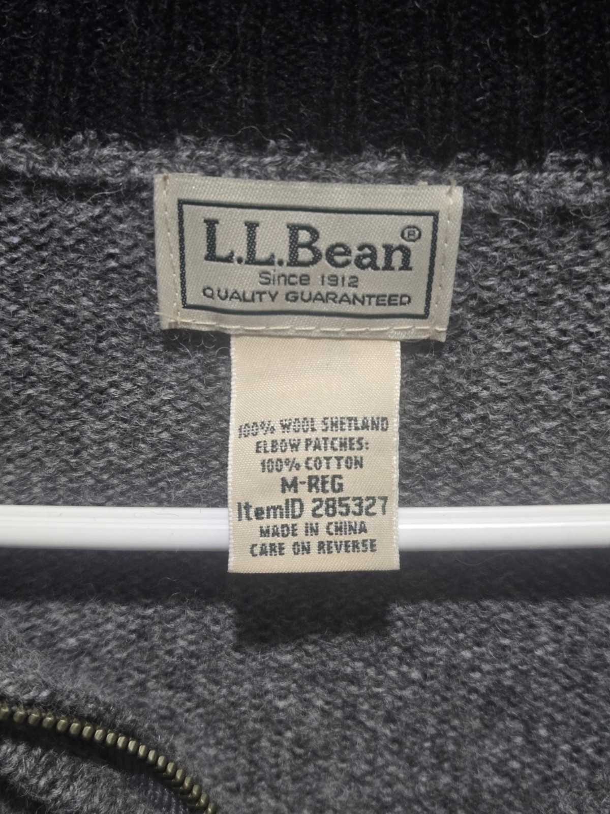 LL Bean Sweater Mens Medium Gray Shetland Wool Corduroy Elbow Patches 1/4 Zip