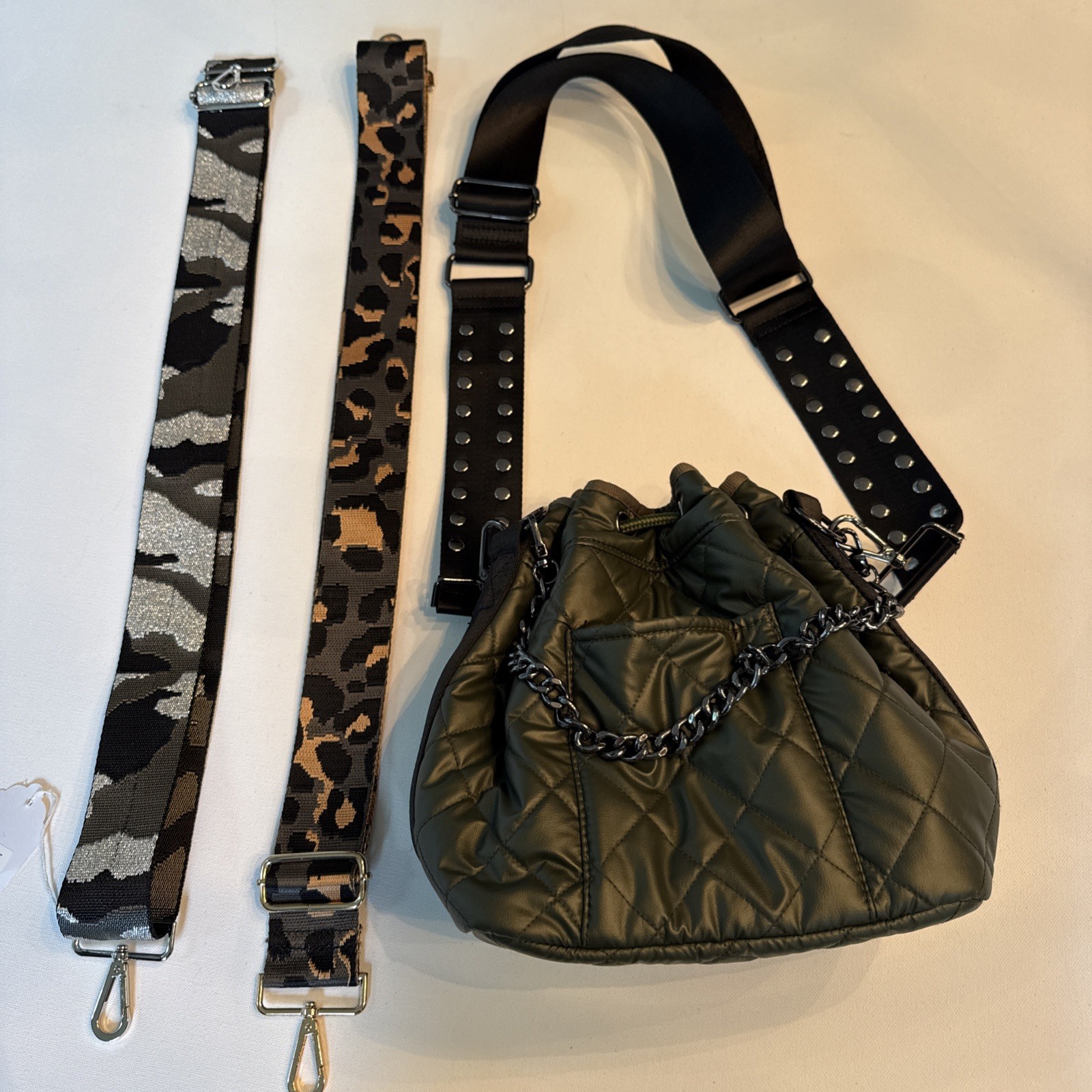 HAUTE SHORE Olive Quilted Nylon Drawstring Bucket Studded Crossbody Strap $87