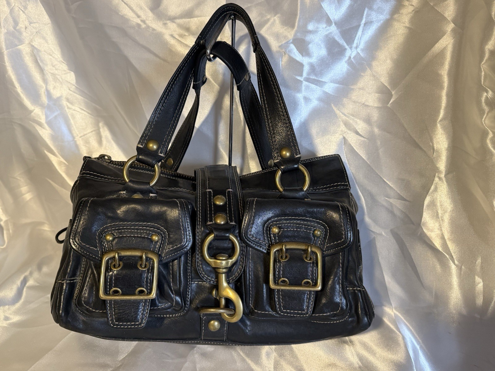 Coach Black Legacy Mandy Satchel Top Handle Zip Turn Lock Gold Hardware Bag