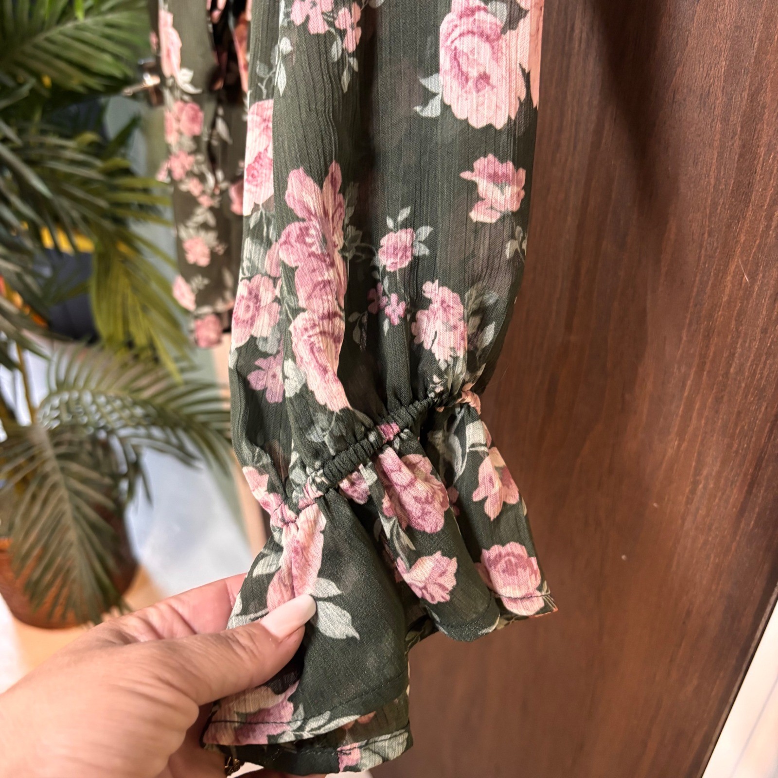Trixxi Floral Romper XL Olive Green Pink Rose Long Sleeve Cottagecore