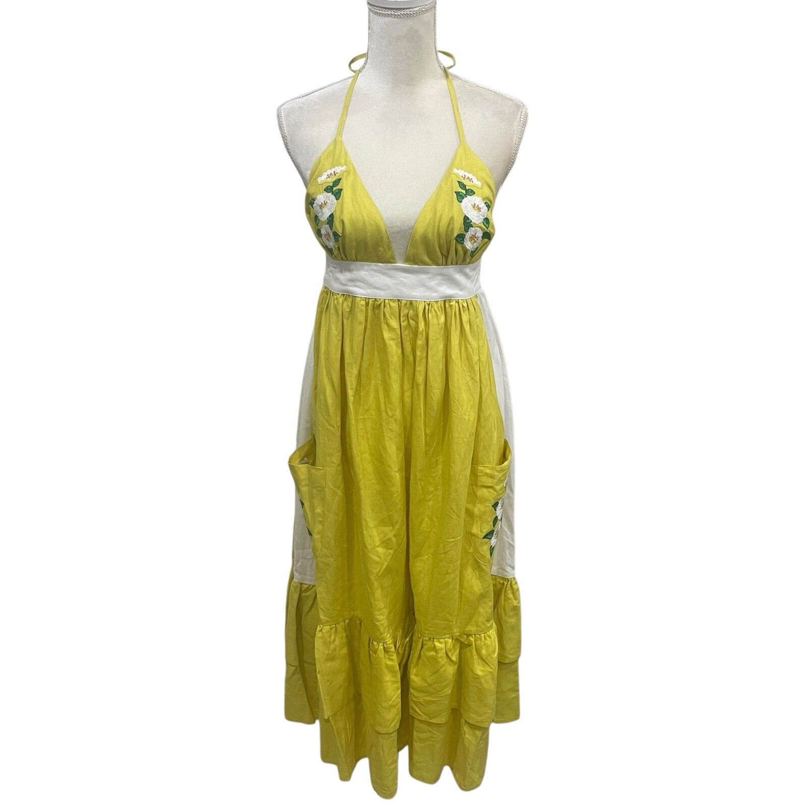 Fanm Mon Large Linen Yamile Floral Embroidered Halter Midi Dress Mustard Lime