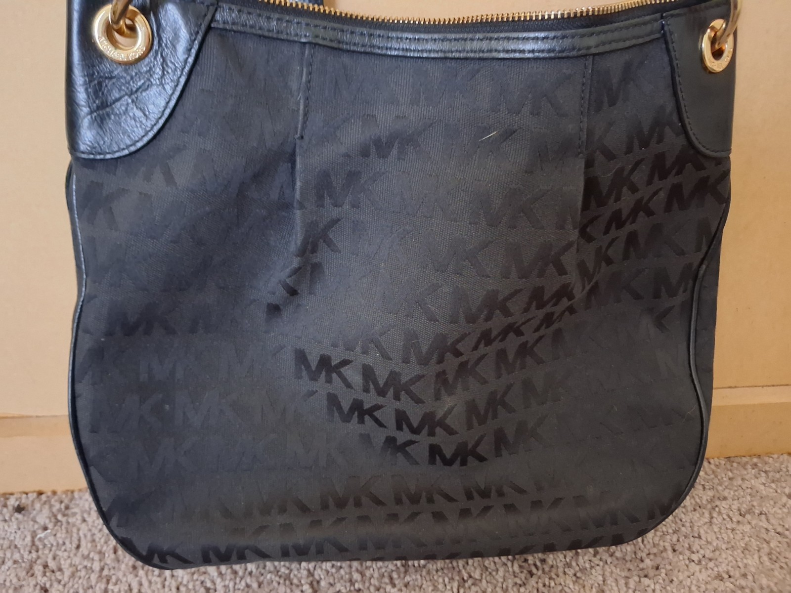 Michael Kors Black MK Logo Shoulder Bag Zip Adjustable Strap Gold Hardware