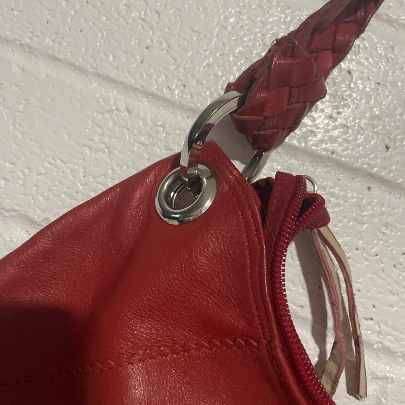Falor Red Woven Handle Leather Women’s Tote Bag Slouchy Shoulder Bag READ