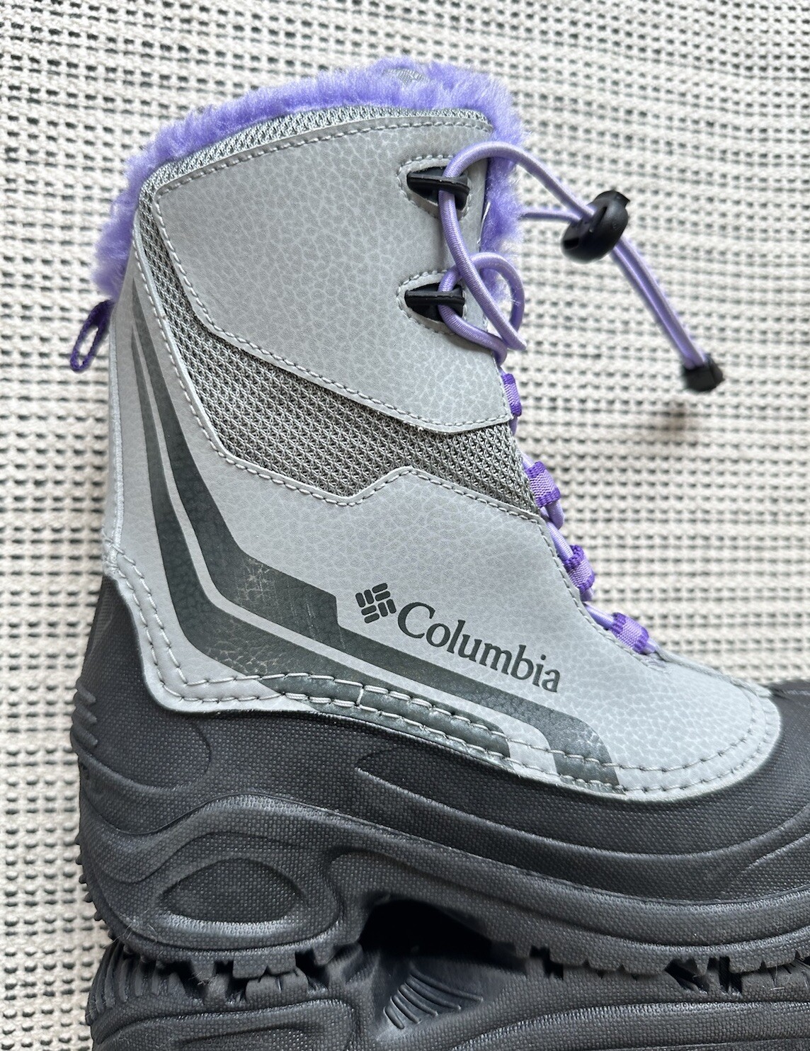 Columbia Bugaboot Girls 2 Gray Purple Snow Boots Faux Fur Waterproof Omni-Heat