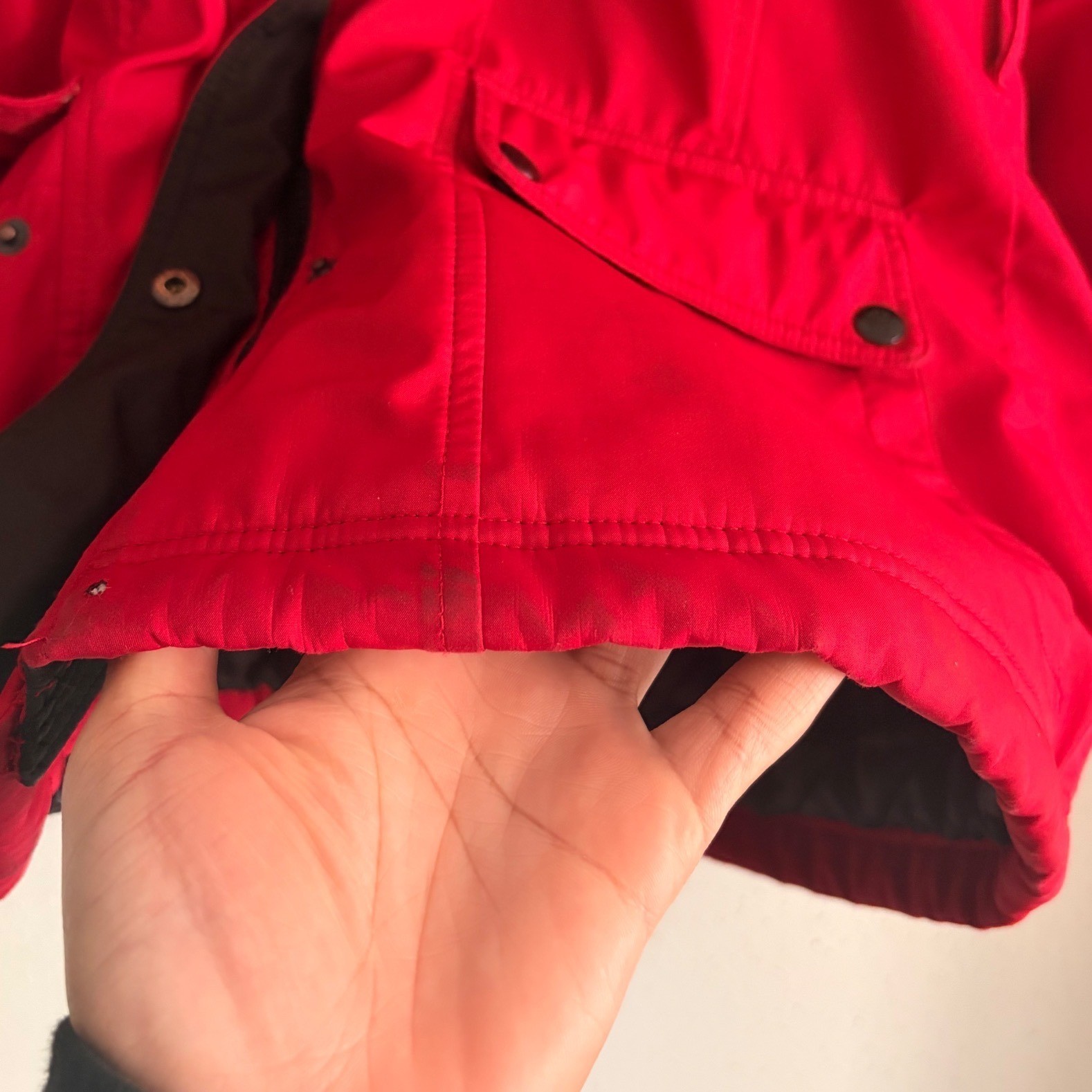Jessica Simpson Red Hooded Utility Jacket Belted Quilted Lining Faux Fur Large