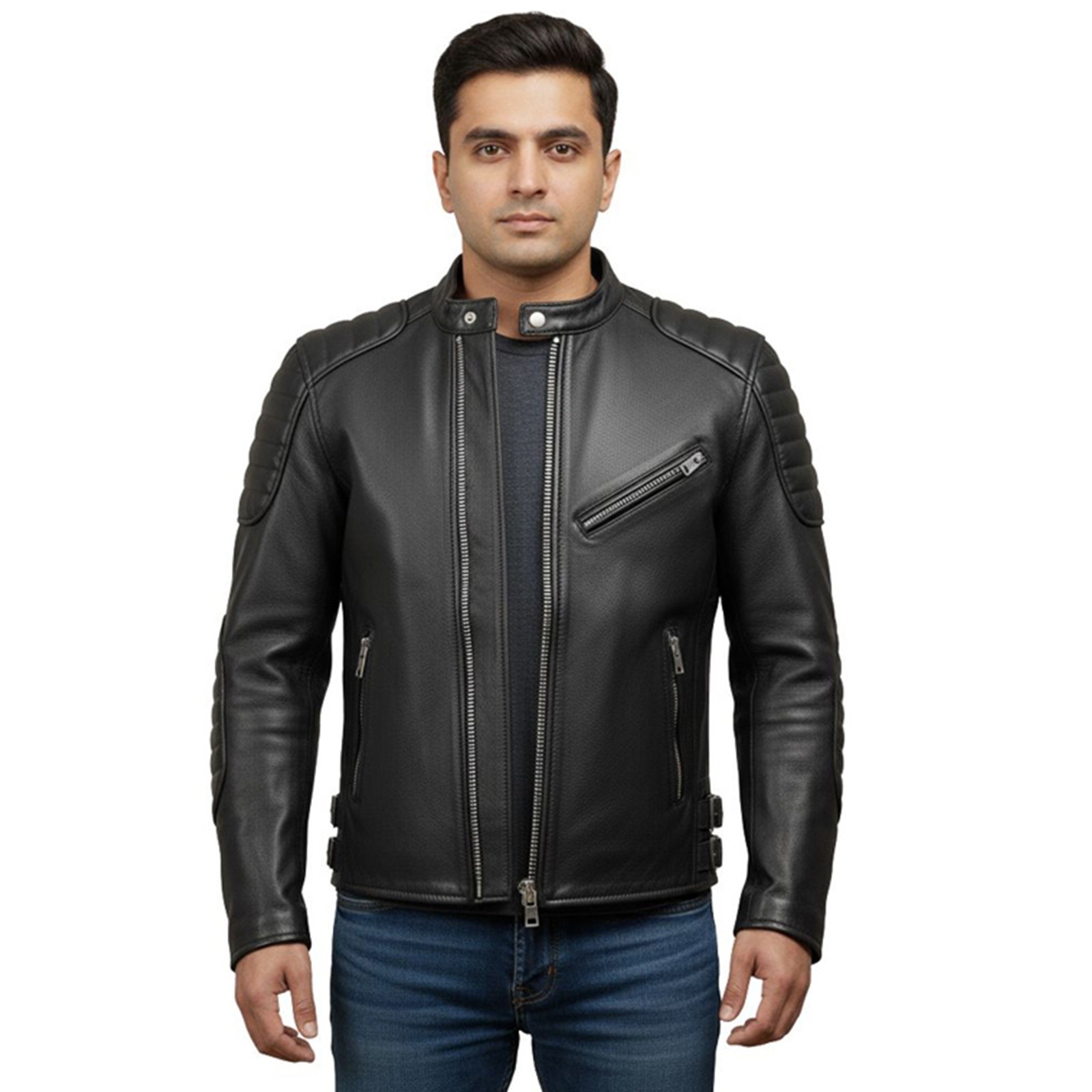 Men’s Black Handmade Cafe Racer Motorcycle Biker Genuine Cowhide Leather Jacket