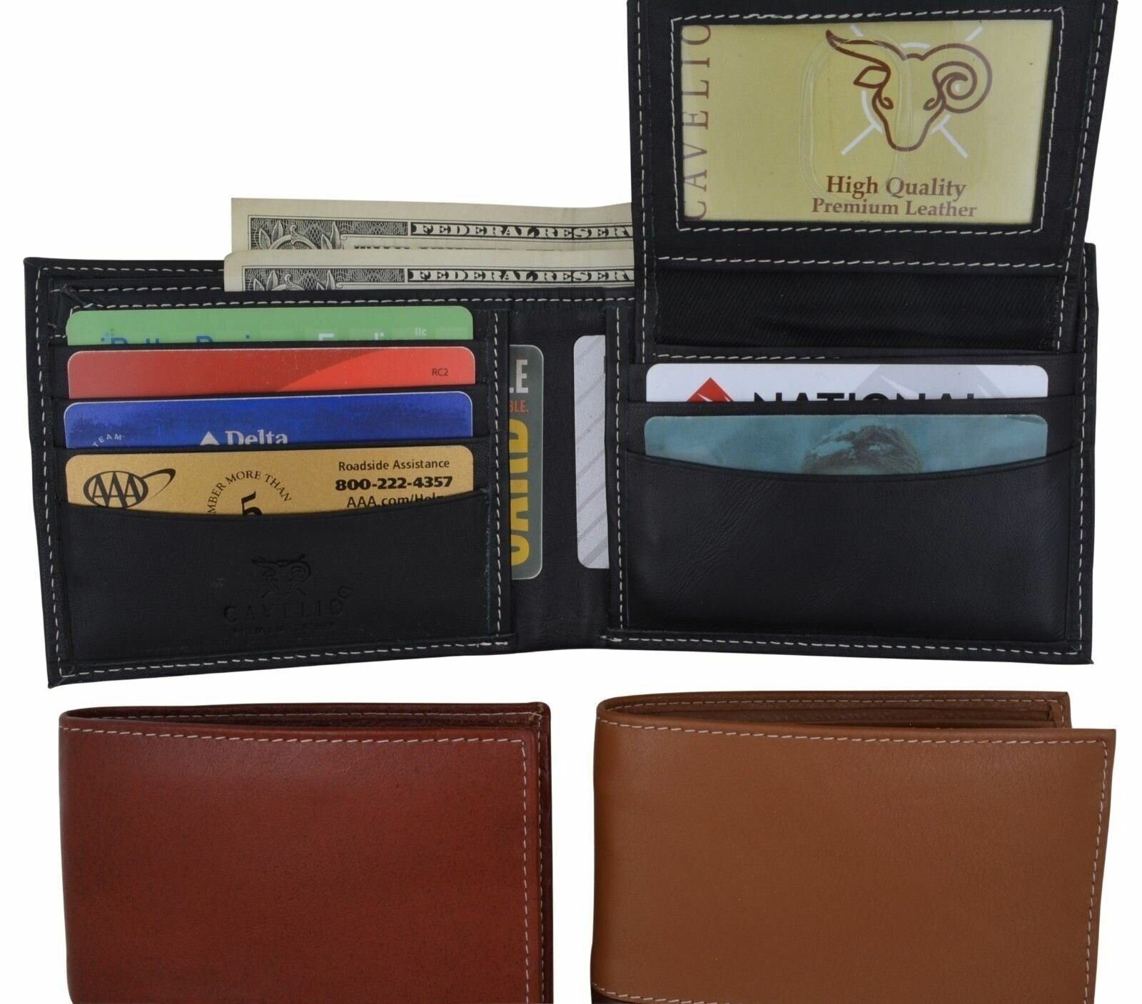 Cavelio Brand New Genuine Leather Bifold Wallets For Men With Flip-Up ID Window