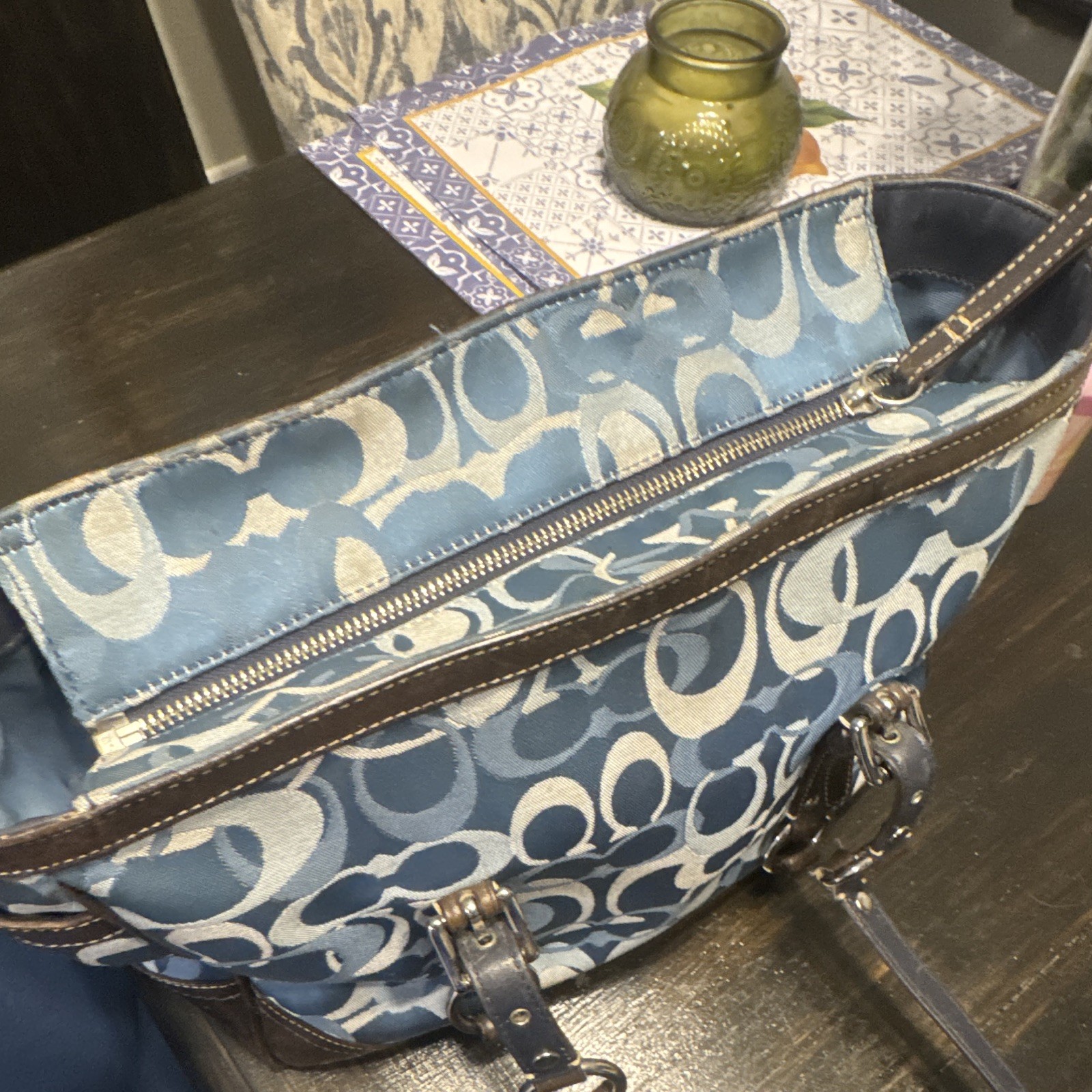 Coach Signature Blue/Brown Medium Tote Shoulder Bag Zip Double Handles Strap
