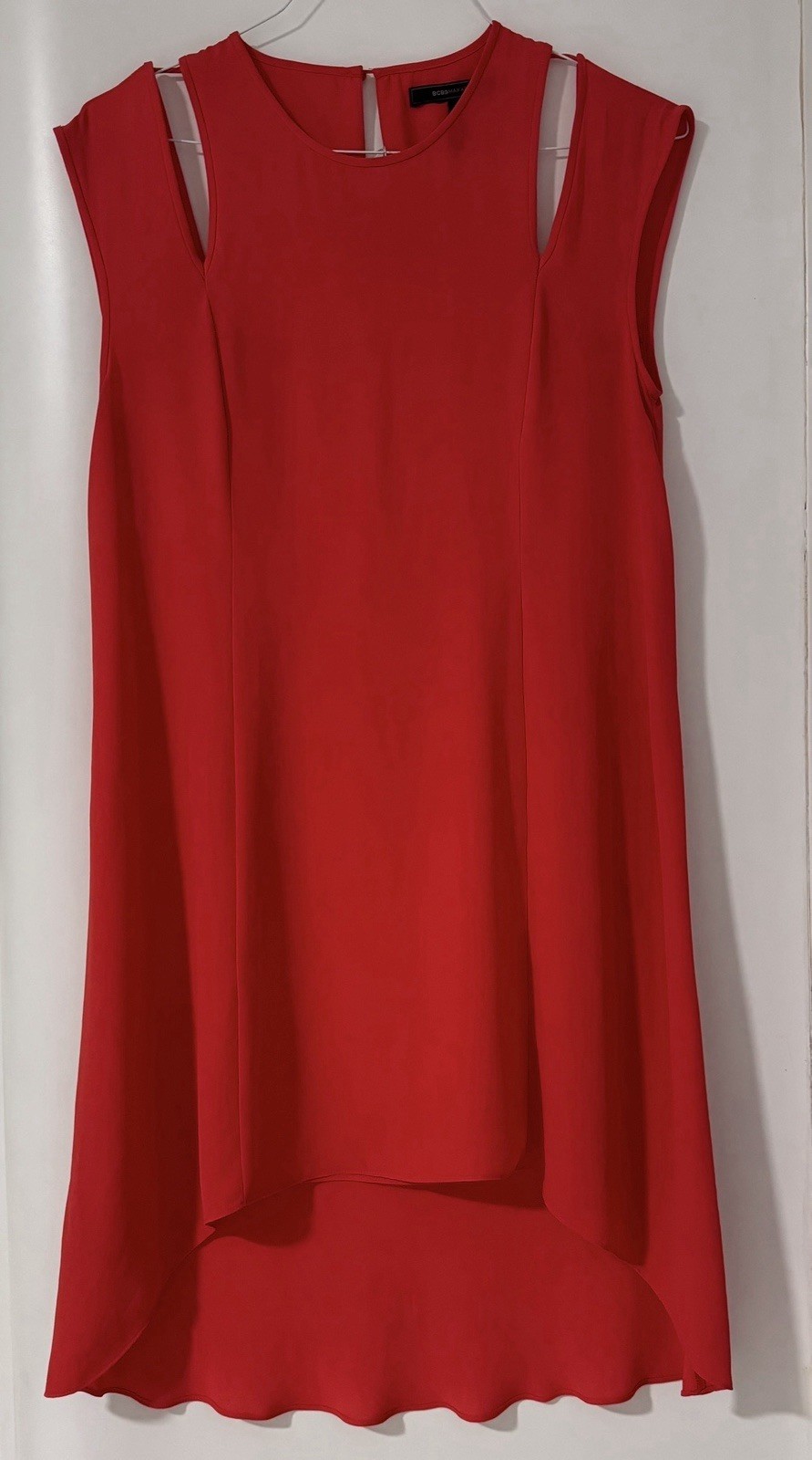 BCBGMAXAZRIA Red Solid Chiffon Layered Hi-Low A-Line Dress Round Neck S