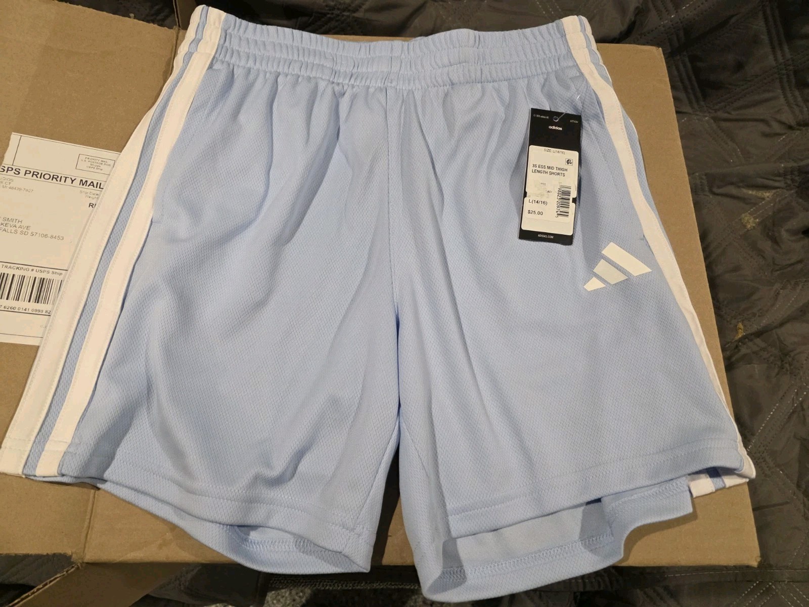 Adidas Youth 3S ESS Mid Thigh Length Shorts/ Light Blue/ Lg (14/16)/ NWT