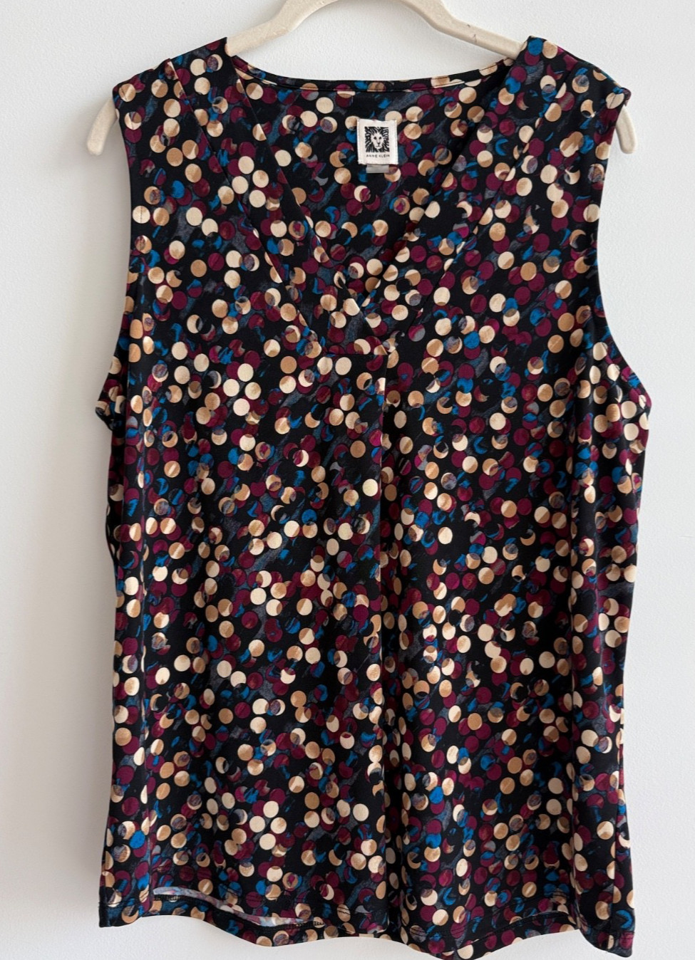 Anne Klein Polka Dot Pleat Colorful V-Neck Sleeveless Top Blouse Women’s M
