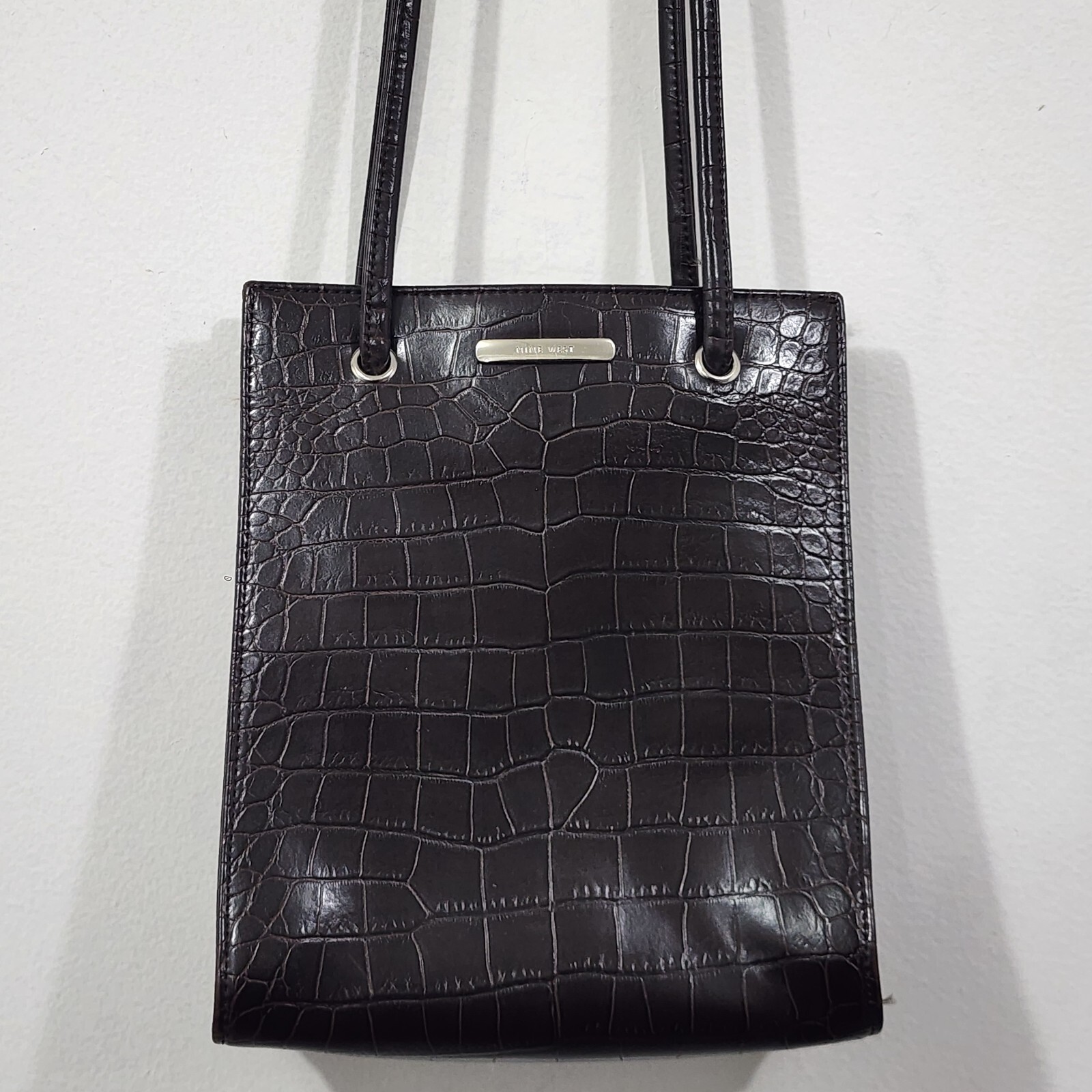 Vintage 90s Nine West Croc Embossed Shoulder Bag Brown Faux Leather Nylon Lining