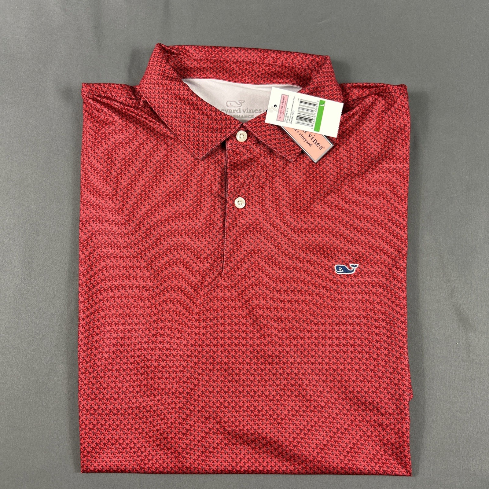 Vineyard Vines Golf Shirt Polo Micro Whale Print Large Red Polyester Spandex