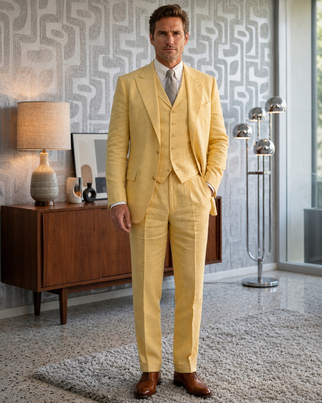 Mens Yellow Linen Suit Jacket Vest Pants Wedding Prom Groom Beach Party 3pc Set