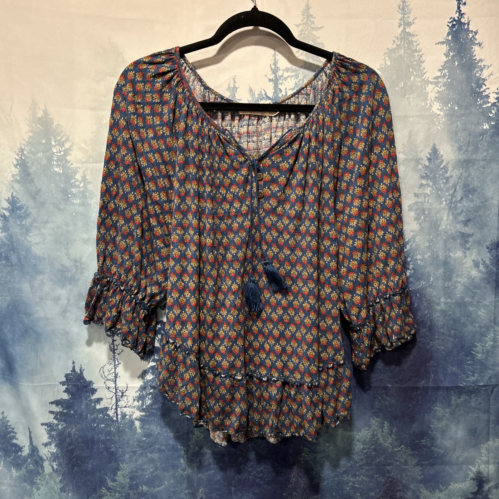 Y2K Faded Glory Womens Blue 3/4 Sleeve Boho Ruffle Top/Shirt Sz Large