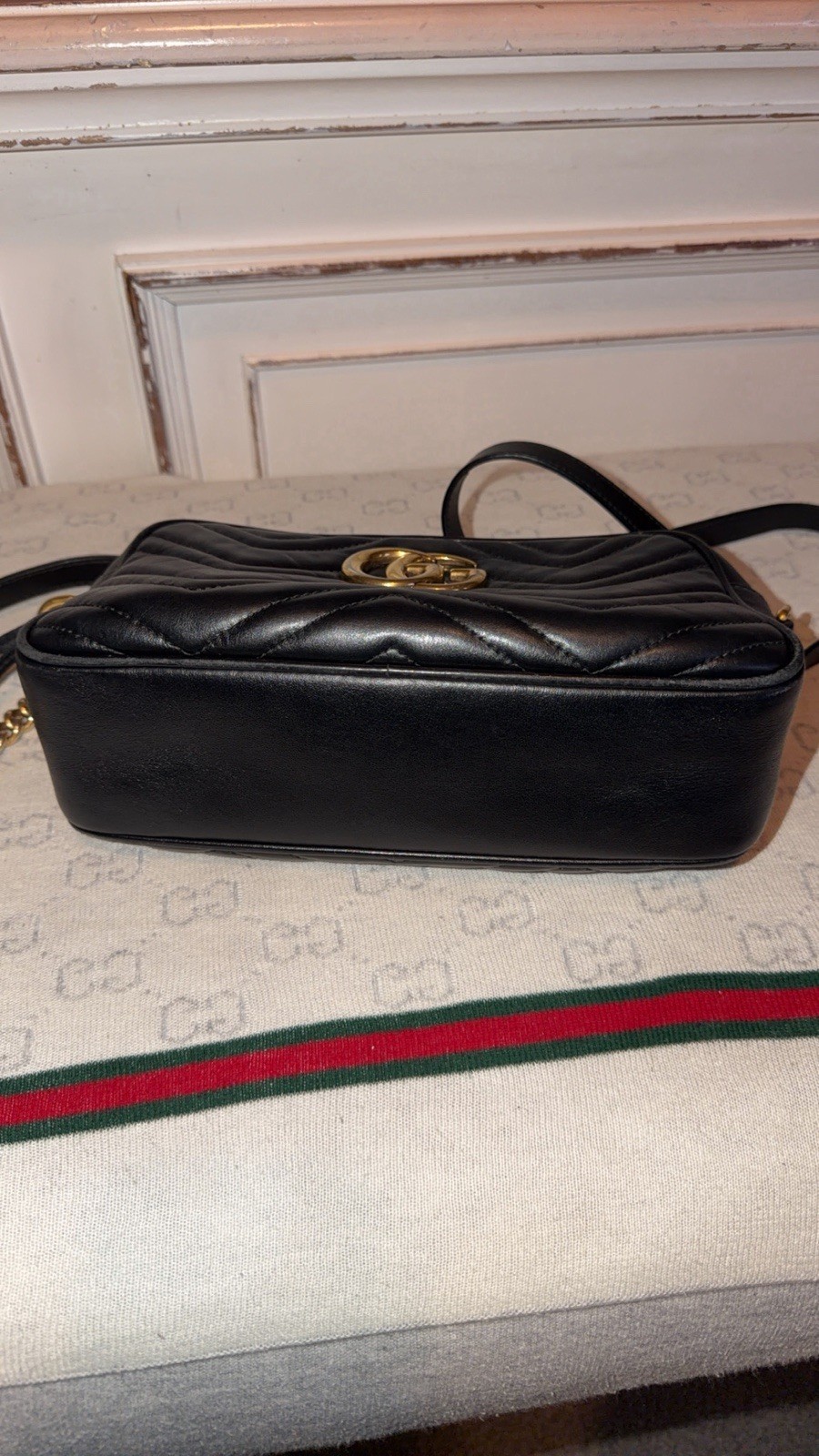 GUCCI GG Marmont Quilted Shoulder Bag Black Gold Hardware Adjustable Strap
