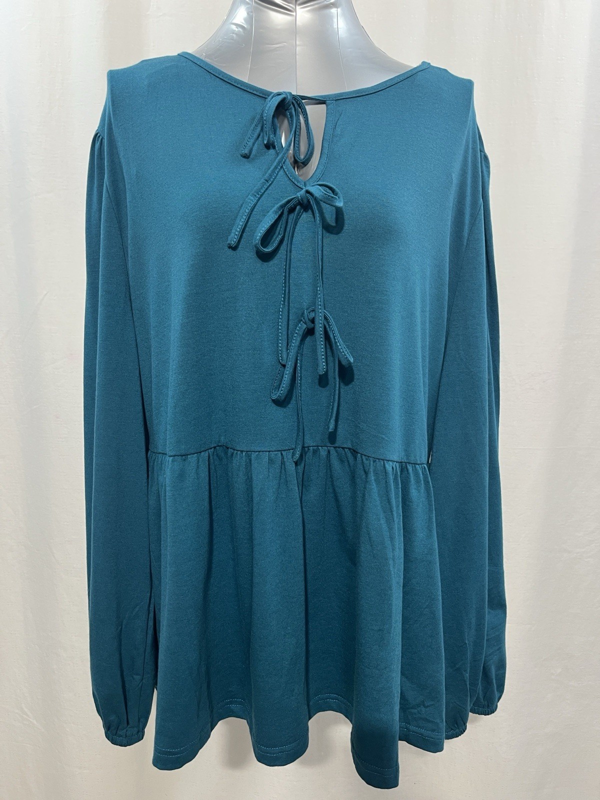 Women’s plus size Teal Blue Tie-Front Long Sleeve Peasant Top casual work 1245