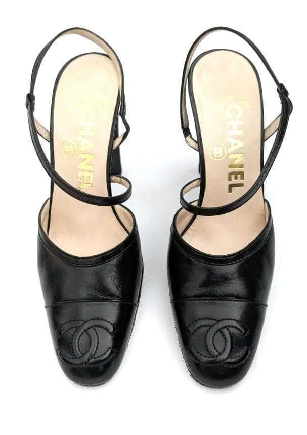 CHANEL Leather Ankle Strap Pumps Heels Black Size 35 (22.5cm) 9cm Heel 062260d