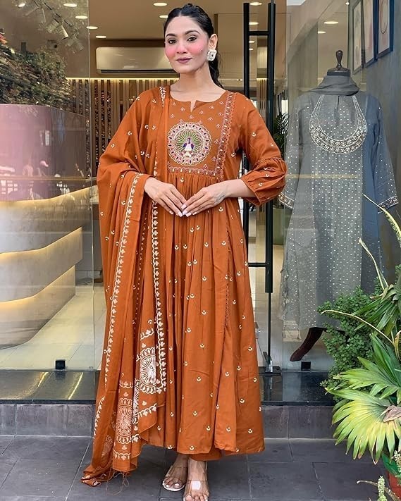 Women Rayon Printed Anarkali Kurta Set with Dupatta